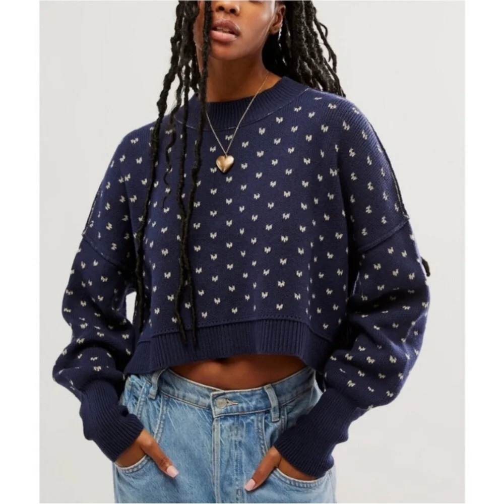 NWT Free People Easy Street Patterned Crop Pullover‎ Blue and White Sweater